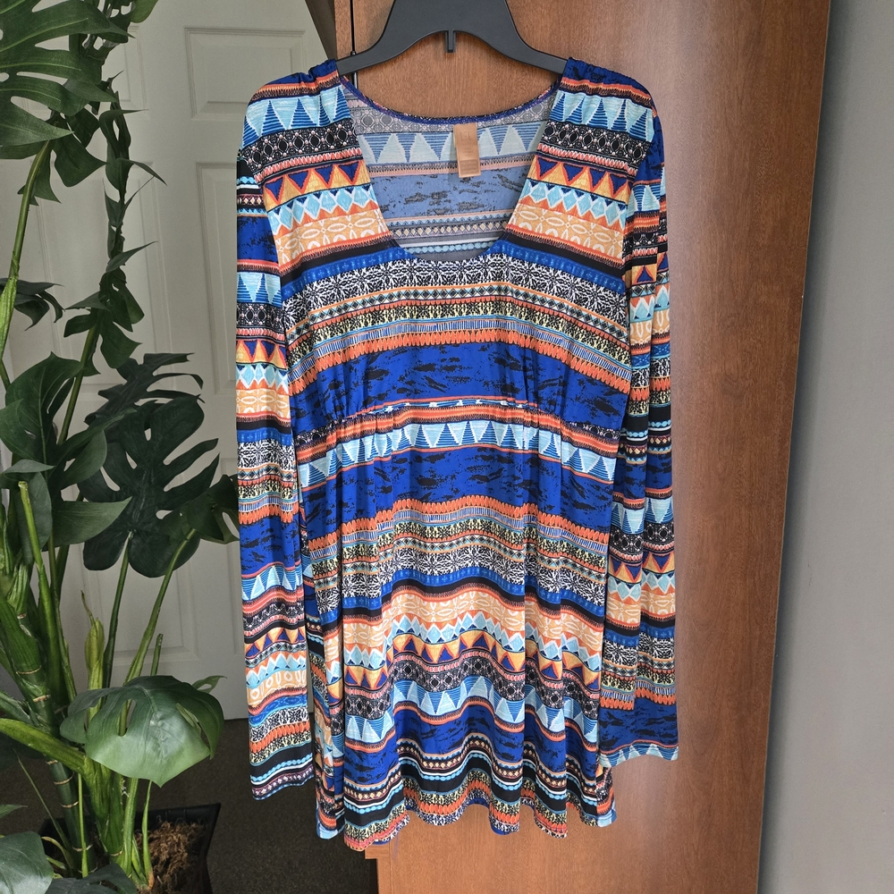 Long Elegant Legs Blue and Orange Multi-Pattern Long Sleeve Top